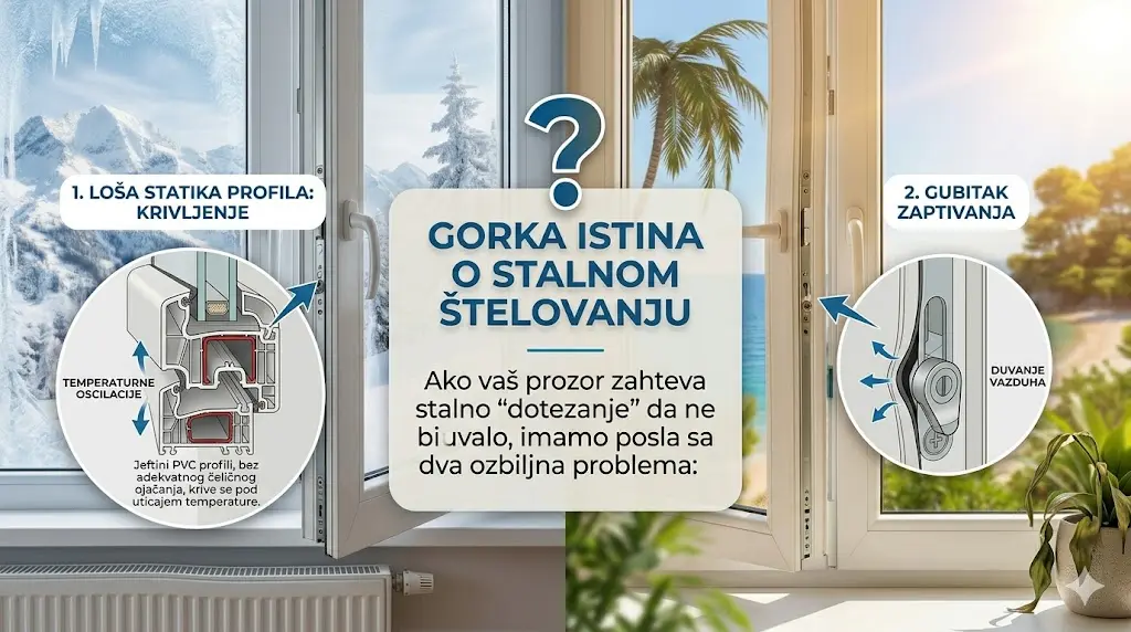 Loša statika profila Jeftini PVC profili, bez adekvatnog čeličnog ojačanja, krive